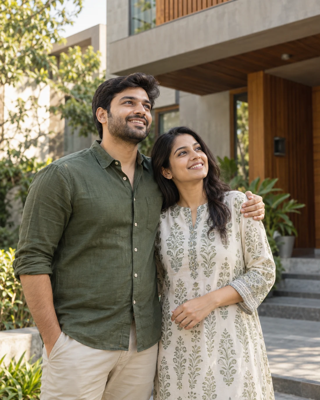 A couple looking forward to their next chapter outside a contemporary home